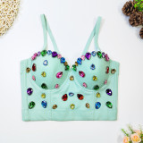 Beaded Herringbone Strap Outdoor Wear Cropped Corset Tight Fitting Gemstone Colored Diamonds Strapless