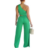 Women's Solid Color Casual One Shoulder Wide Leg Ladies Two-Piece Set