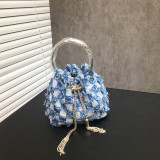 Women's Dinner Bag Flash Diamond Tassel Drawstring Satin Handheld Mini Bucket Bag Chain Messenger Bag