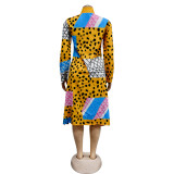 Fashion Ladies Printed Long Sleeve Button Up Maxi Dress