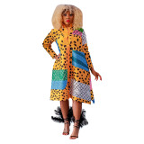 Fashion Ladies Printed Long Sleeve Button Up Maxi Dress