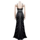 Fashion Ladies Solid Color Camisole Sleeveless Beaded Low Back Maxi Dress