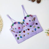 Beaded Herringbone Strap Outdoor Wear Cropped Corset Tight Fitting Gemstone Colored Diamonds Strapless
