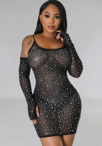 Women's Fashion Solid Color Mesh Beaded See-Through Slip Dress