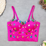 Beaded Herringbone Strap Outdoor Wear Cropped Corset Tight Fitting Gemstone Colored Diamonds Strapless