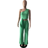 Women's Solid Color Casual One Shoulder Wide Leg Ladies Two-Piece Set