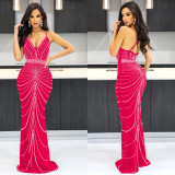 Fashion Ladies Solid Color Camisole Sleeveless Beaded Low Back Maxi Dress