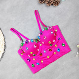 Beaded Herringbone Strap Outdoor Wear Cropped Corset Tight Fitting Gemstone Colored Diamonds Strapless