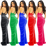 Fashion Ladies Solid Color Camisole Sleeveless Beaded Low Back Maxi Dress
