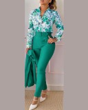 Women Long Sleeve Printed Shirt + Solid Pant Casual Two-Piece Set (No Jacket)