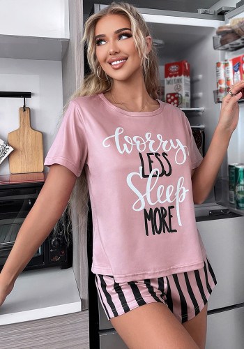 Women Summer Short Sleeve Striped Top and Shorts Casual pajamas Two-Piece Set