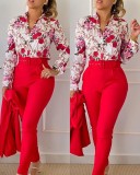 Women Long Sleeve Printed Shirt + Solid Pant Casual Two-Piece Set (No Jacket)