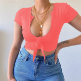 Women's V-Neck Tie Sexy Short-Sleeved T-Shirt Top