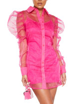 Spring Summer Women's Puff Sleeve Organza Shirt Straps Basic Dress Two-Piece Set