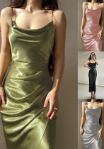 Sexy Low Cut Satin Slit Strap Dress Slim Fit Low Back Maxi Dress Sexy Low Cut Satin Slit Strap Dress Slim Fit Low Back Maxi Dress