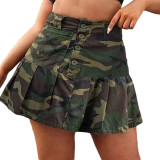 Spring And Summer Women's Camouflage Pocket Button Pleated Mini Skirt