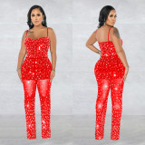 Ladies' Fashion Beaded Mesh Sleeveless Jumpsuit