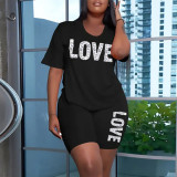 Summer Women's Round Neck Letter Short Sleeve Shorts Solid Color Shorts Set