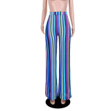 Women's clothing color strip knitting hollow jacquard zipper wide-leg pants