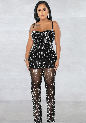 Ladies' Fashion Beaded Mesh Sleeveless Jumpsuit