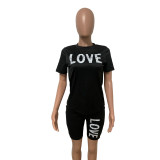 Summer Women's Round Neck Letter Short Sleeve Shorts Solid Color Shorts Set