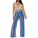Women's clothing color strip knitting hollow jacquard zipper wide-leg pants