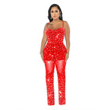 Ladies' Fashion Beaded Mesh Sleeveless Jumpsuit