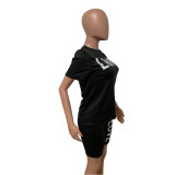 Summer Women's Round Neck Letter Short Sleeve Shorts Solid Color Shorts Set
