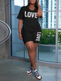 Summer Women's Round Neck Letter Short Sleeve Shorts Solid Color Shorts Set