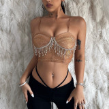 Women Off Shoulder Rhinestone Tassel Sexy Crop Top