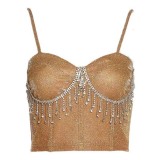 Women Off Shoulder Rhinestone Tassel Sexy Crop Top