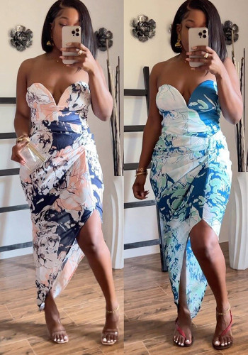 Plus Size Ladies Print Strapless Top and Skirt Two Piece