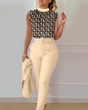 Trendy Spring Print Sleeveless Print Top Solid Pants Fashion Casual Suit (Without Coat)