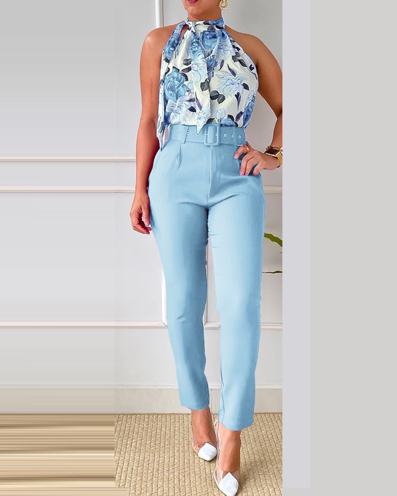 Spring Print Fashion Casual Elegant Sleeveless Two Piece Pants Suit