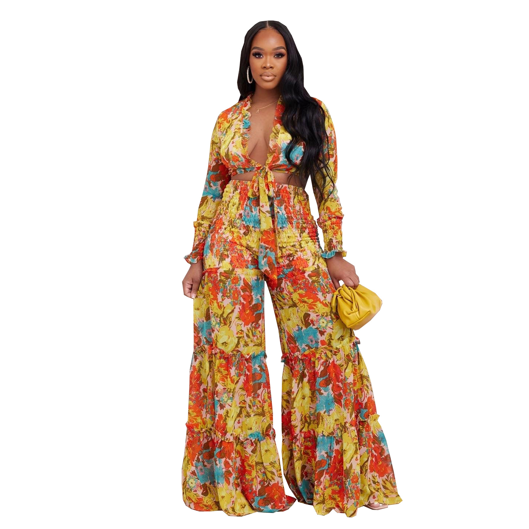 Fashion Color Contrast Printing Chiffon Long Sleeve Tie Blouse Bell Bottom Pants Two-Piece Suit For Women