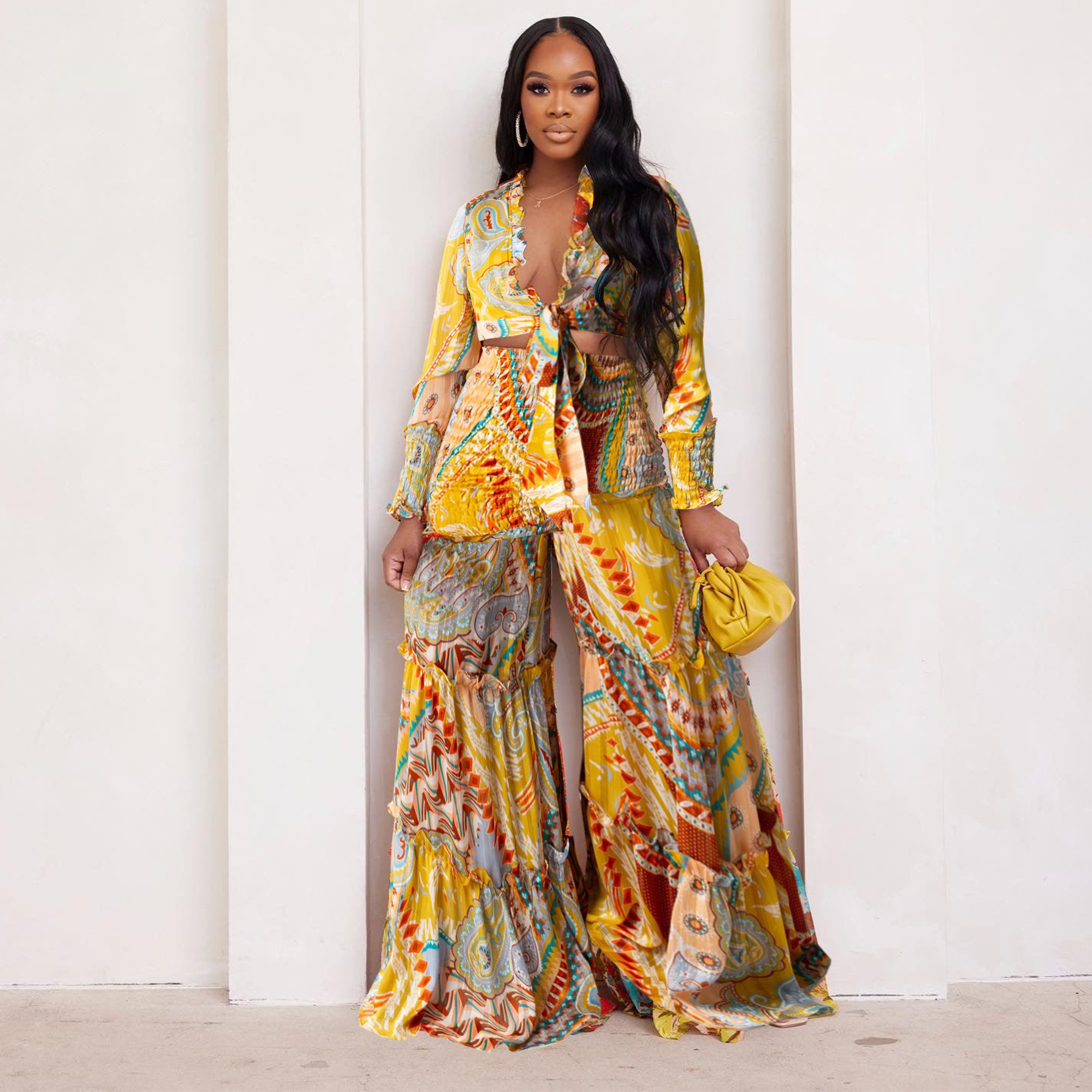 Fashion Color Contrast Printing Chiffon Long Sleeve Tie Blouse Bell Bottom Pants Two-Piece Suit For Women