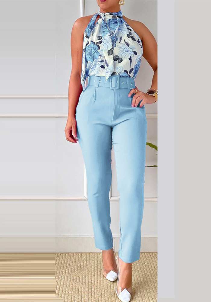 Spring Print Fashion Casual Elegant Sleeveless Two Piece Pants Suit