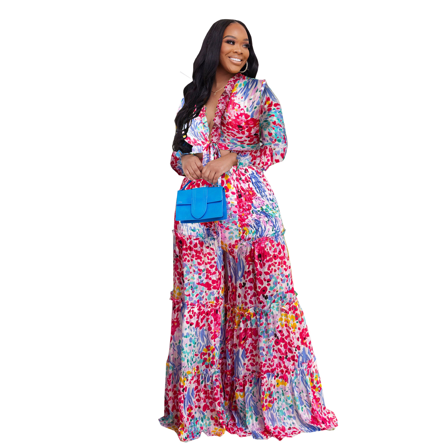 Fashion Color Contrast Printing Chiffon Long Sleeve Tie Blouse Bell Bottom Pants Two-Piece Suit For Women