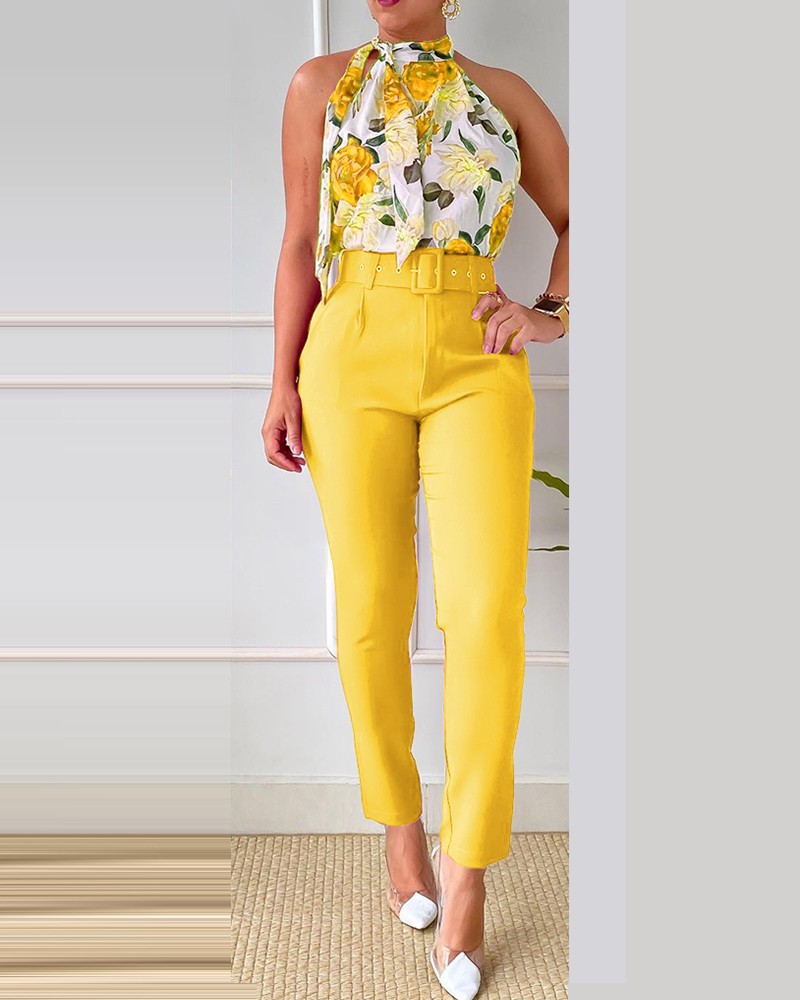 Spring Print Fashion Casual Elegant Sleeveless Two Piece Pants Suit