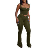 Sexy Solid Color Straps V Crop High Waist Elastic Solid Color Micro Two Piece Pants Set