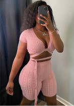 Women's Solid Color Lace-Up Tight Fitting Ribbed Sexy Two Piece Shorts Set Women's Solid Color Lace-Up Tight Fitting Ribbed Sexy Two Piece Shorts Set