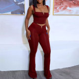 Sexy Solid Color Straps V Crop High Waist Elastic Solid Color Micro Two Piece Pants Set
