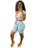 Women's Solid Color Lace-Up Tight Fitting Ribbed Sexy Two Piece Shorts Set