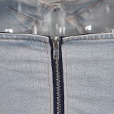Summer Fashion Strapless Casual Stretch Denim Two-Piece Pants Set