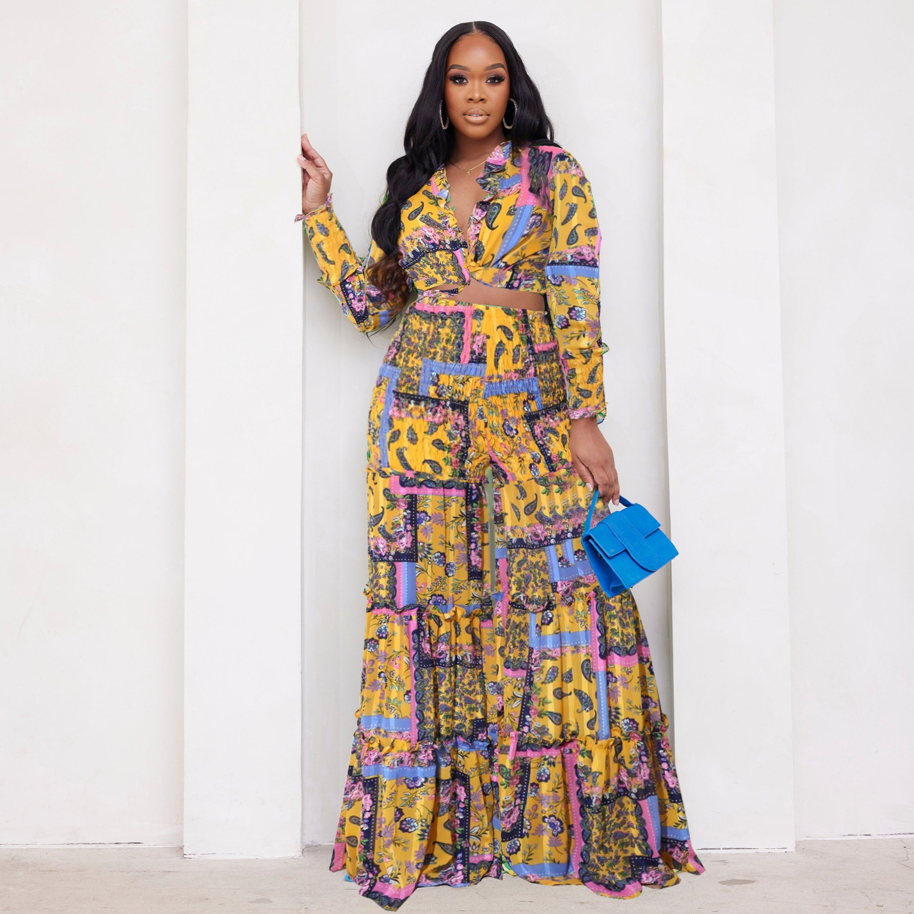 Fashion Color Contrast Printing Chiffon Long Sleeve Tie Blouse Bell Bottom Pants Two-Piece Suit For Women