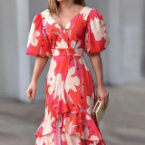Summer Multi-Color Fashion Elegant V Neck Print Layered Dress