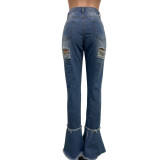 Women's Fringed Ripped Classic Denim Ruffle Trouser