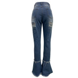 Women's Fringed Ripped Classic Denim Ruffle Trouser
