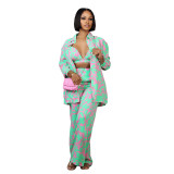 Women's Long Sleeve Sexy Printed Trousers Career Three-Piece Set