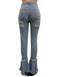 Women's Fringed Ripped Classic Denim Ruffle Trouser